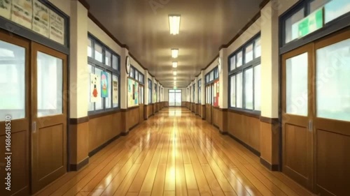 empty japanese school hallway anime style background