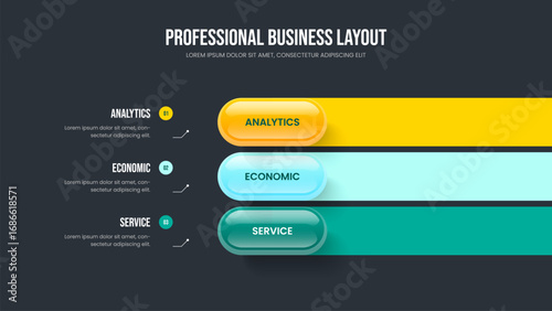 Market Launch Slideshow Template Vector Illustration. Sales Development 3 Element Diagram Slide Layout. Digital Campaign Three Step Infographic Presentation Design.