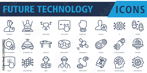 Future Technology Icon Set Outline with humanoid, hologram, smart drone, touch screen, smartwatch, dna test, ai, teleport, genetic engineering
