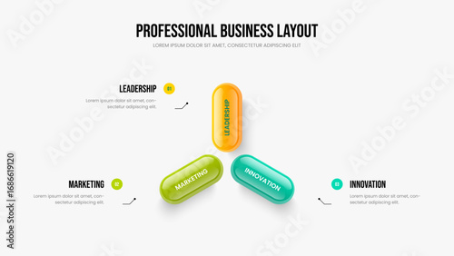 Investor Visualization Three Step Infographic Slide Design. Sales Campaign 3 Option Diagram Presentation Layout. Product Review Slideshow Template Vector Illustration.