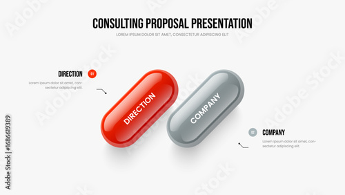Market Overview Slide Design Vector Illustration. Corporate Innovation Two Element Infographic Presentation Layout. Service Portfolio 2 Step Diagram Slideshow Template.