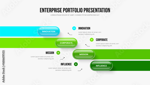 Modern Development Presentation Layout Vector Illustration. Market Performance 4 Step Diagram Slideshow Design. Company Visualization Four Element Infographic Slide Template.