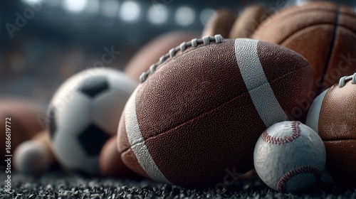 Sports ball panorama showcasing multiple disciplines and athletic equipment