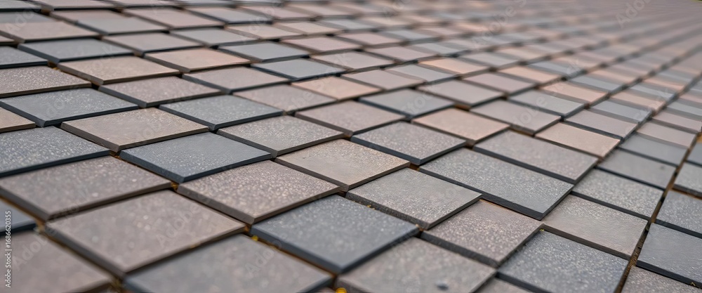 Fototapeta premium New shingle & flat polymeric roof installation, close-up view, shingles, property