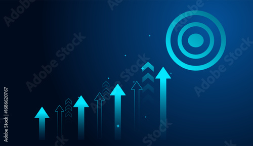 The Growing up arrows levels up growth line technology on dark blue background. Financial arrows chart for business investment to success. vector illustration