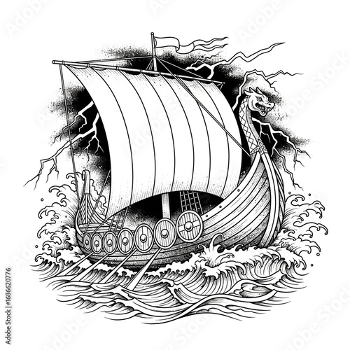 Norse woodcut tattoo of a Viking longship sailing through storms.