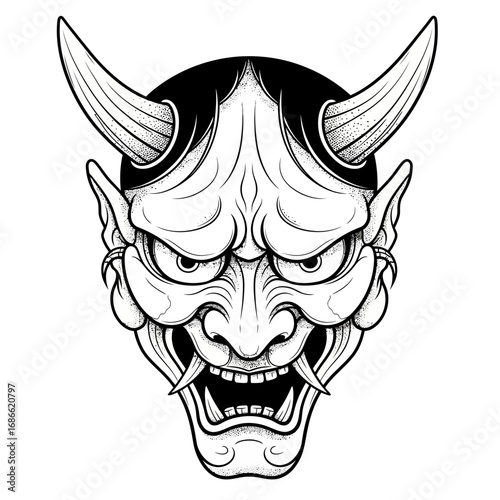Irezumi line art tattoo of a traditional Japanese Hannya mask.