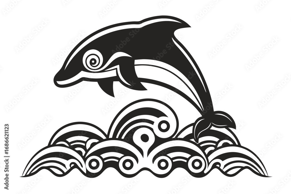 Naklejka premium Leaping Dolphin Over Stylized Ocean Waves in Black and White Design