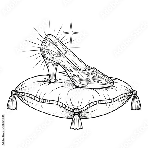 Black and white line art tattoo of a glass slipper on a cushion.