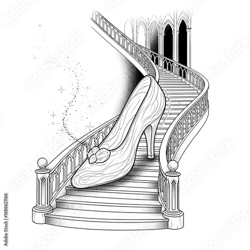 Black and white line art tattoo of a ghostly Cinderella slipper.