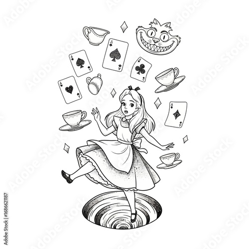 Black and white line art tattoo of Alice falling down the rabbit hole.