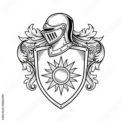 Black and white line art tattoo of a medieval knight's shield crest.