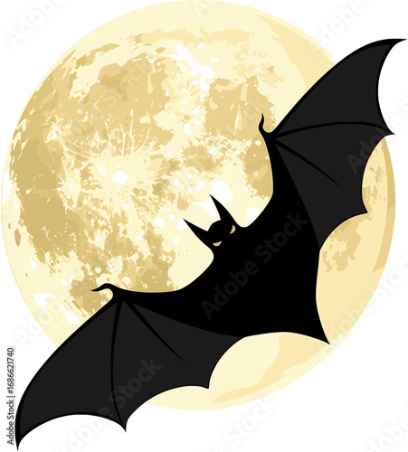 Flying bat silhouette under moonlight in Halloween vector illustration