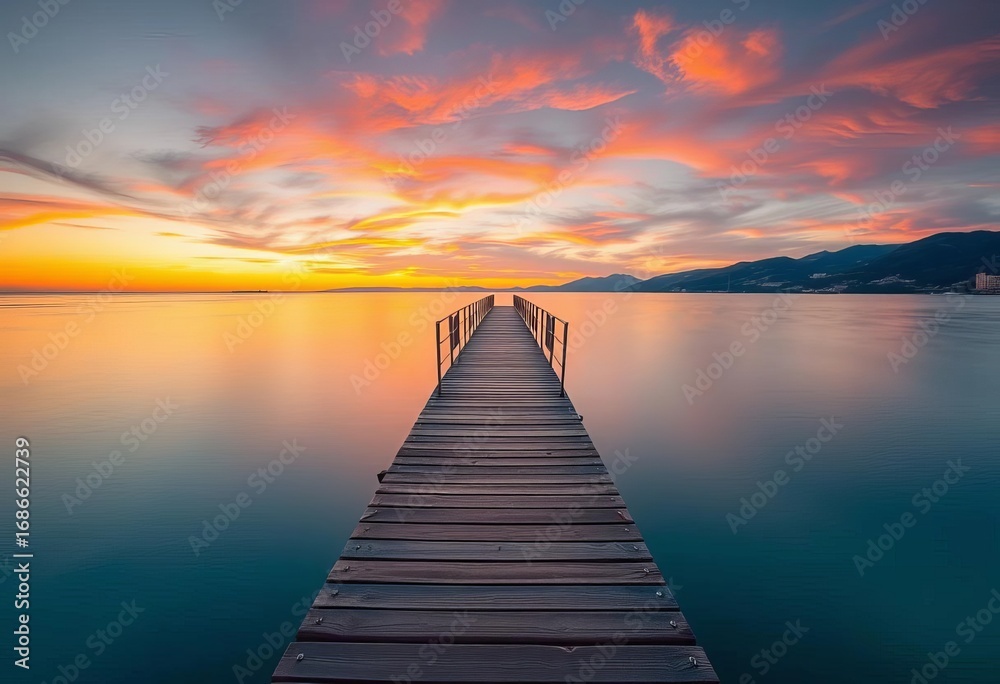 Fototapeta premium Long exposure of wooden pier extending into calm Adriatic Sea at sunset, Budva, Montenegro, Adriatic Sea, twilight