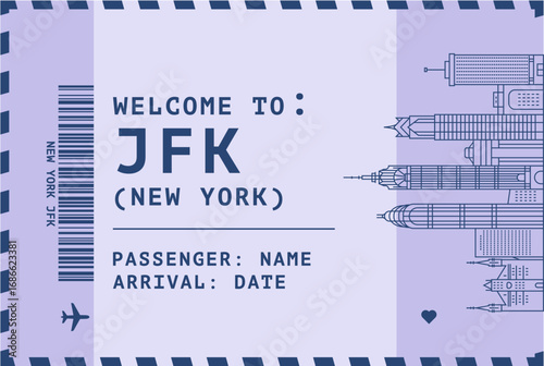 Welcome to New York USA card template. Vector postcard illustration with airport code, skyline, flight info. Boarding pass, luggage tag image layout