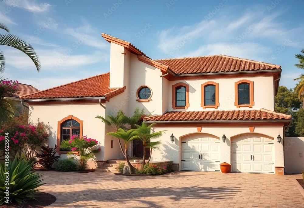 Fototapeta premium Mediterranean style house, terracotta tile roof, new, exterior