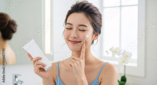 A smiling young woman applying cream to her face in a bright bathroom, enjoying skincare. Free Download A smiling young woman applying cream to her face in a bright bathroom, enjoying skincare. - GFXLoad