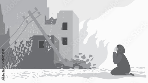 Black and white vector illustration of crying woman in war-torn ruined city.