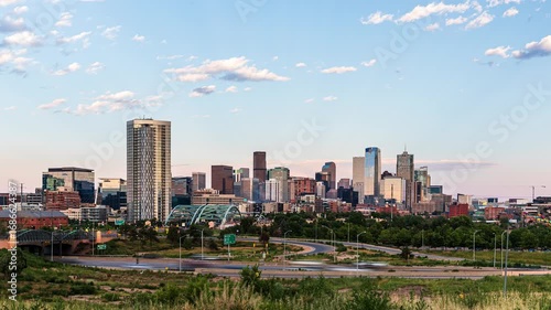 Downtown Denver Skyline Day to Night Time Lapse with 25 Freeway
