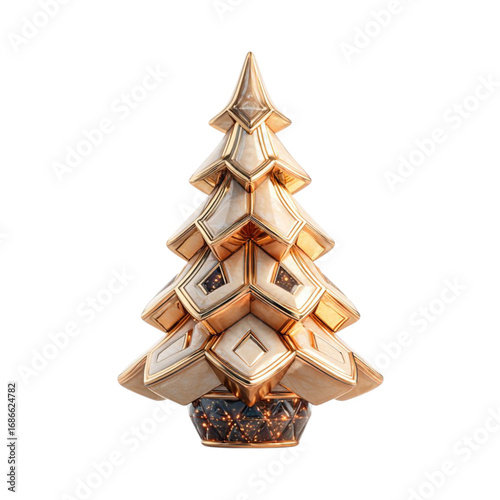 Golden Christmas Tree Festive with Modern Decor isolated on black background.