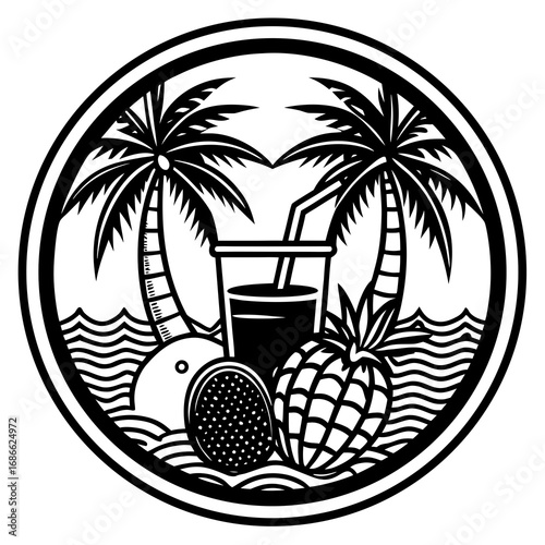 Tropical paradise scene with palm trees and fruit drinks