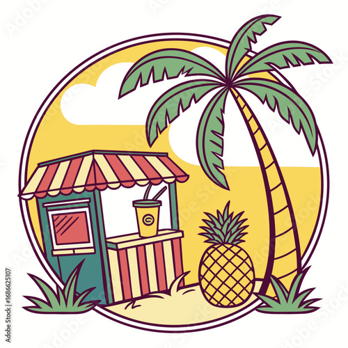 Tropical beachside refreshment stand with palm tree and pineapple