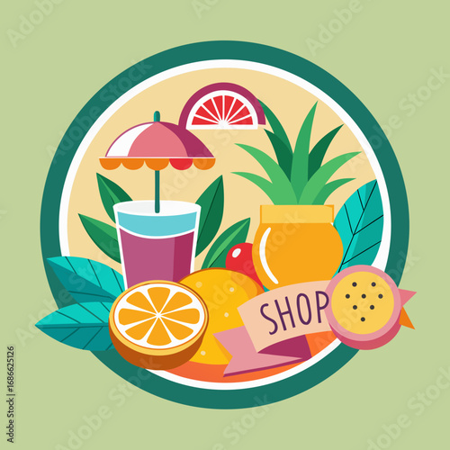 Fresh fruit shop with tropical drinks and pineapple