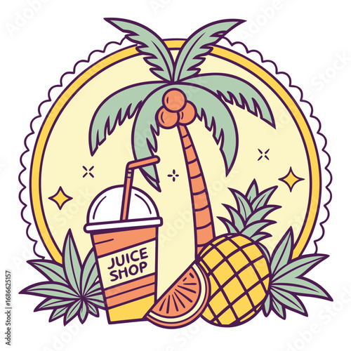 Tropical juice shop emblem with palm tree and fruits