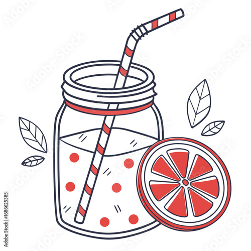 Refreshing pink grapefruit drink in a mason jar with straw and slice
