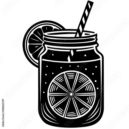 Black and white illustration of a refreshing citrus drink in a mason jar