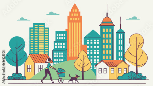 Vibrant cityscape with family and nature elements