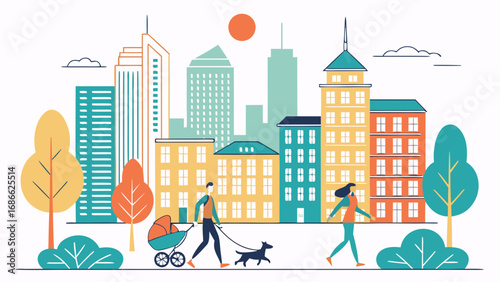 City life with family and pets in a colorful urban landscape