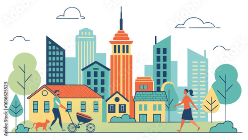 Family enjoying a walk in a colorful city park with modern buildings
