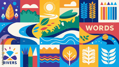 Vibrant geometric collage of nature and learning elements