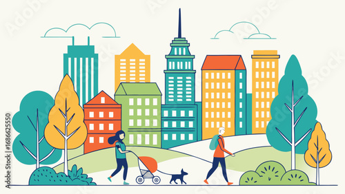 City life illustration with people walking and colorful buildings