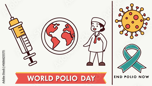 World polio day illustration with syringe earth doctor virus and ribbon