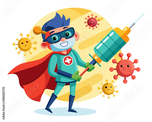 Superhero fights virus with giant syringe and vaccine