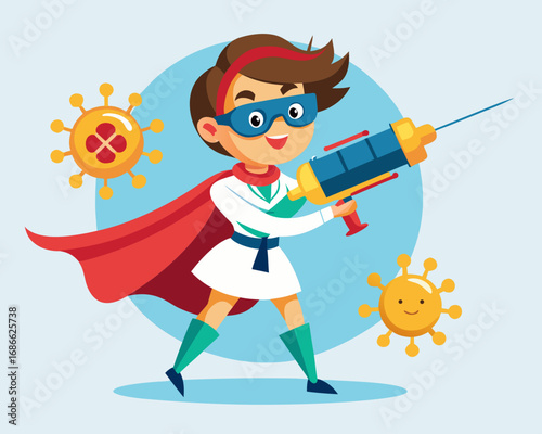 Superhero child doctor fighting viruses with syringe vaccine