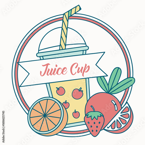 Fresh fruit juice cup emblem with straw and fruit