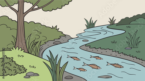 Cartoon illustration of fish swimming in a gentle flowing stream surrounded by nature