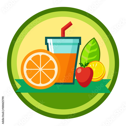 Fresh fruit juice and healthy ingredients emblem