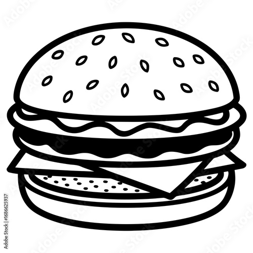 Simple black and white line drawing of a delicious hamburger