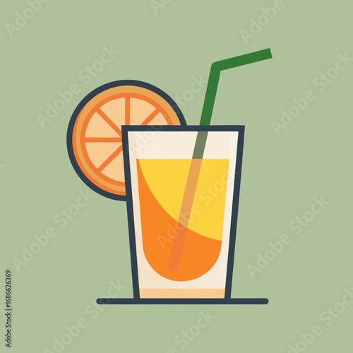 Refreshing orange juice in a tall glass with a straw and orange slice