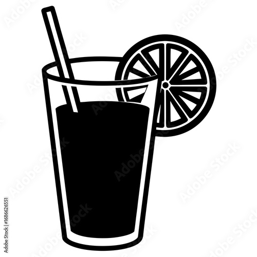 Black and white icon of a tall glass of dark liquid with a straw and a lemon slice garnish