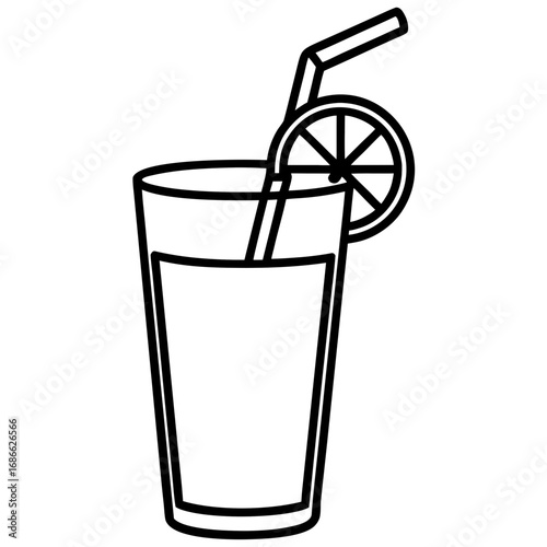 Simple line art icon of a tall glass of juice with a lemon slice and straw