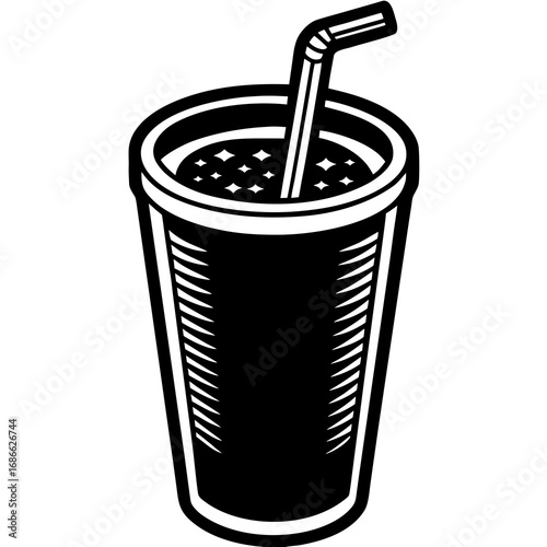 Stylized black and white icon of a soda cup with straw