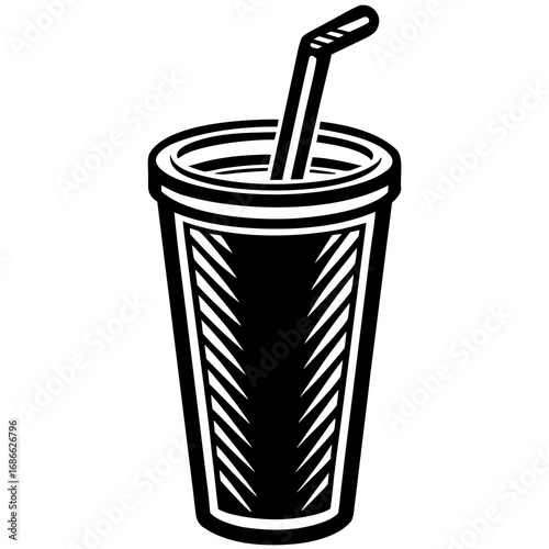 Stylized black and white icon of a soda cup with a straw