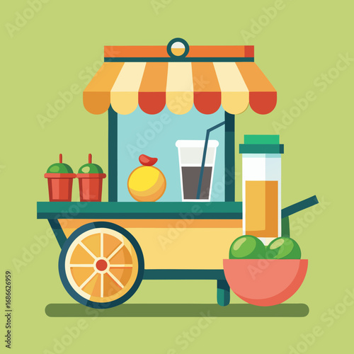 Colorful flat design juice cart with fresh fruits and drinks