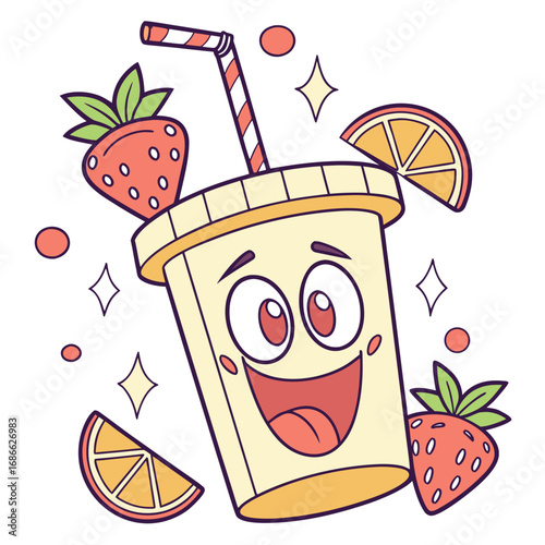 Happy cartoon smoothie with strawberries and orange slices