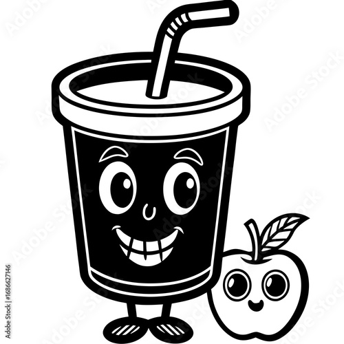 Happy cartoon drink and apple characters together